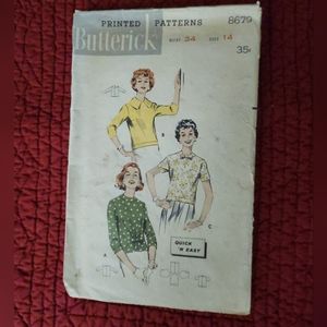 RARE 50's Vintage Butterick Sewing Pattern 8679 Size 14 back-buttoned overblouse